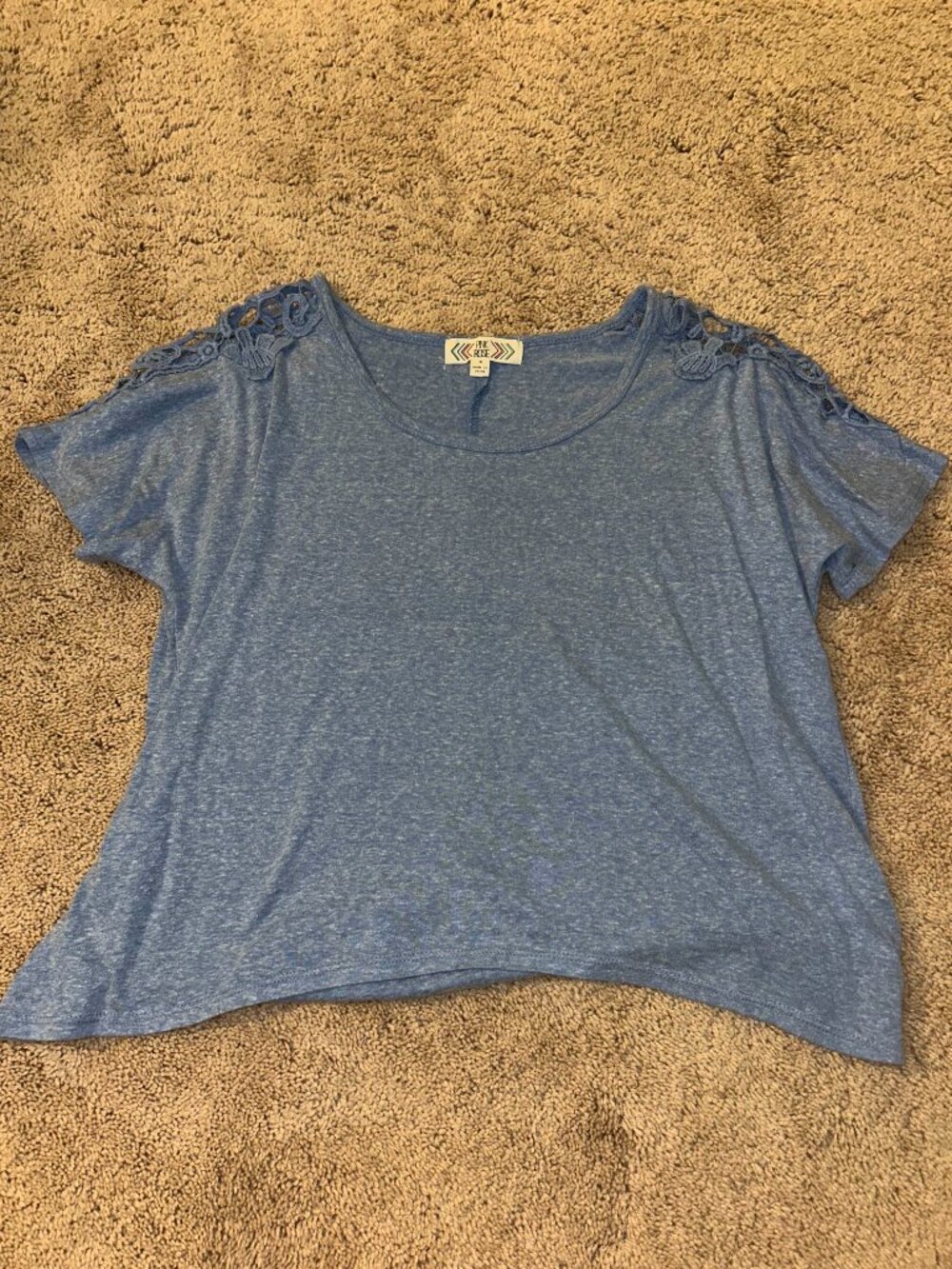 Pink Rose Light Blue Short Sleeve Tee Shirt with Lace Cutout Sleeves